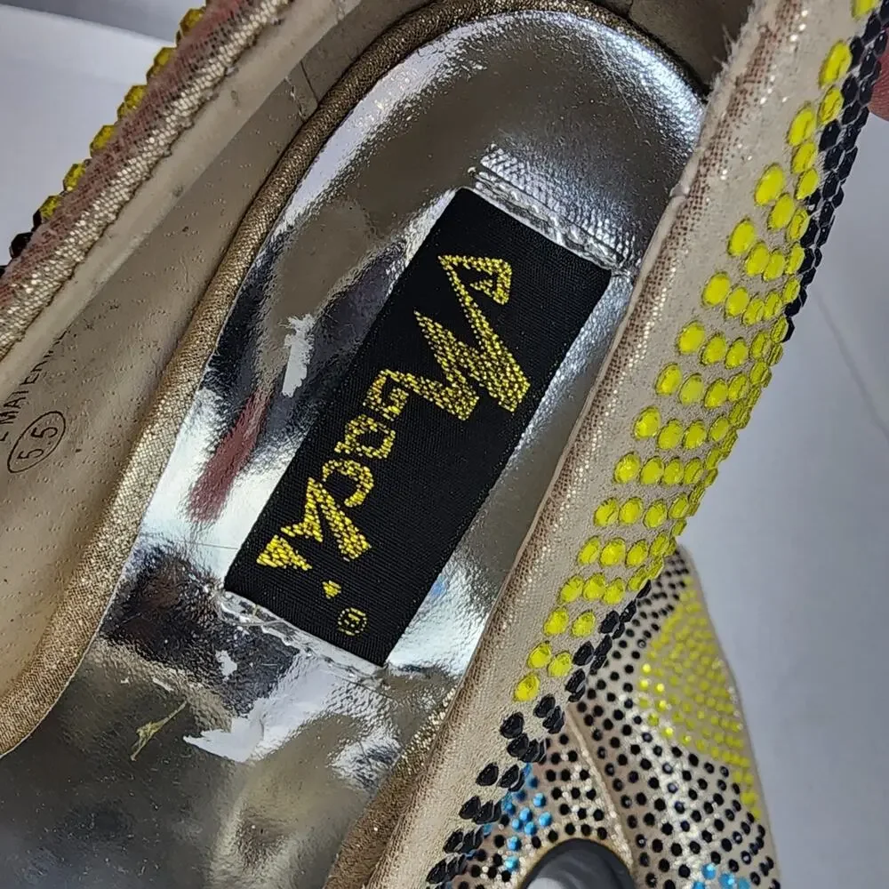 Machi Estina Rhinestine Stilettos Platform Heels Yellow‎ Black Blue Party Sz 5.5